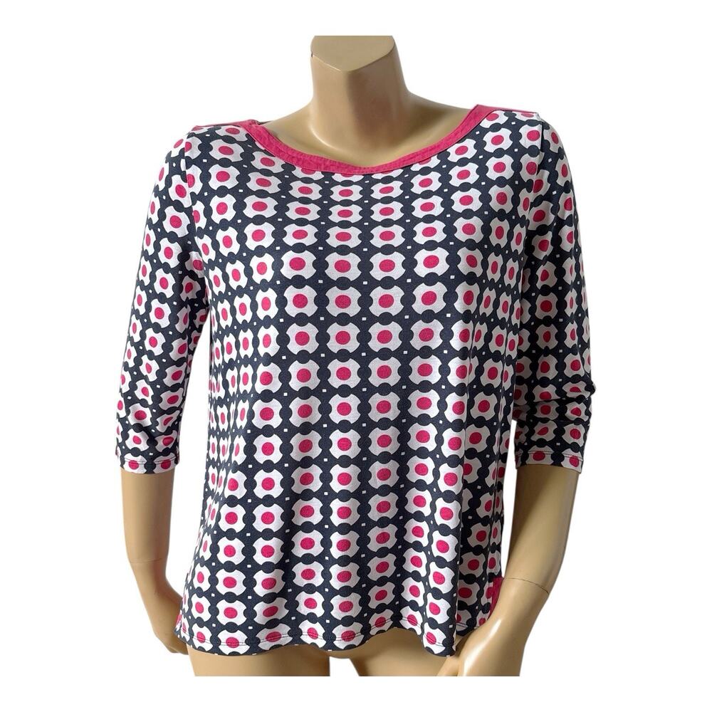 Talbots Top Womens Petite PL Pink Navy Geometric Print 3/4 Sleeve Boat Neck Tee
